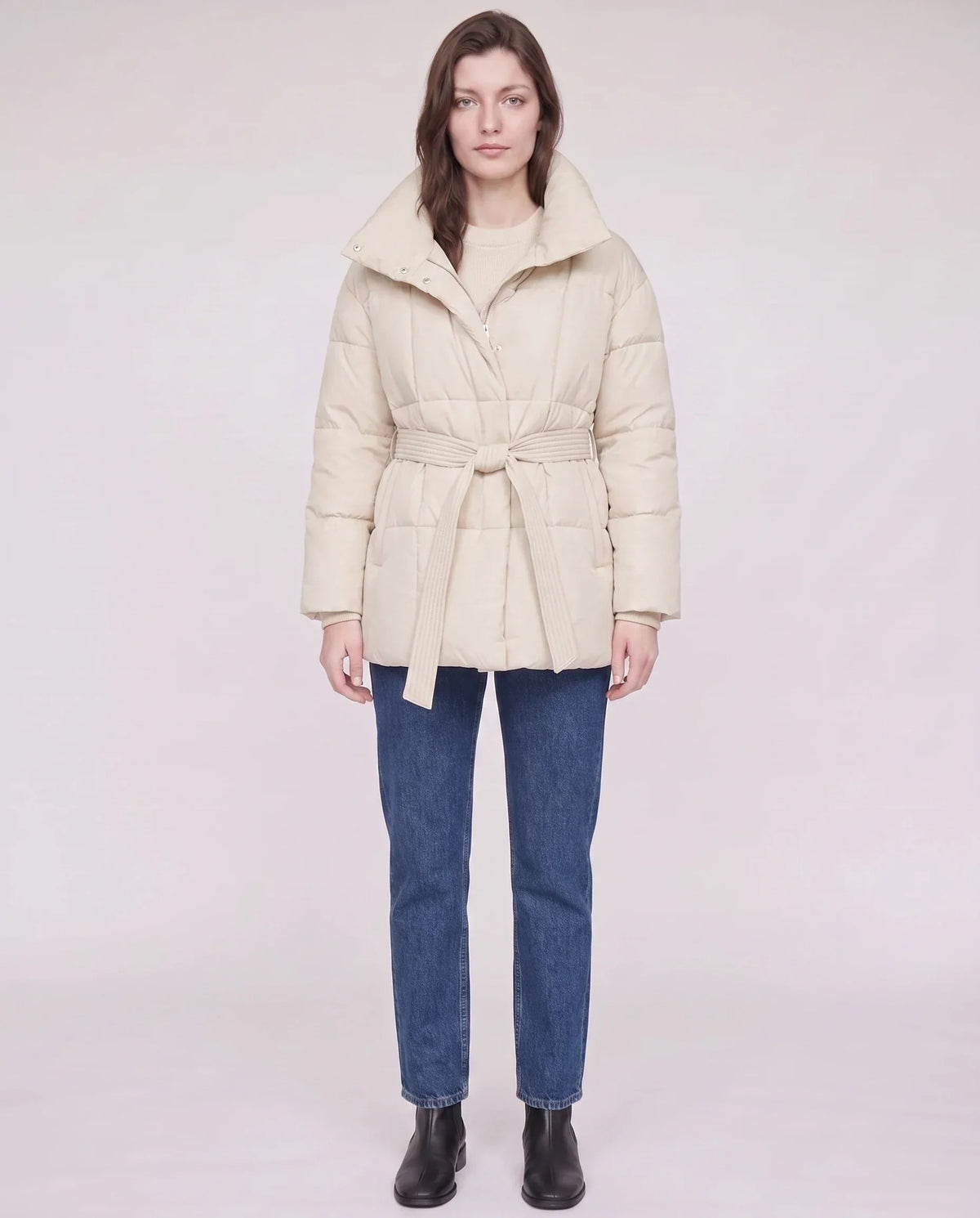 Short Belted Puffer Jacket with Funnel Collar