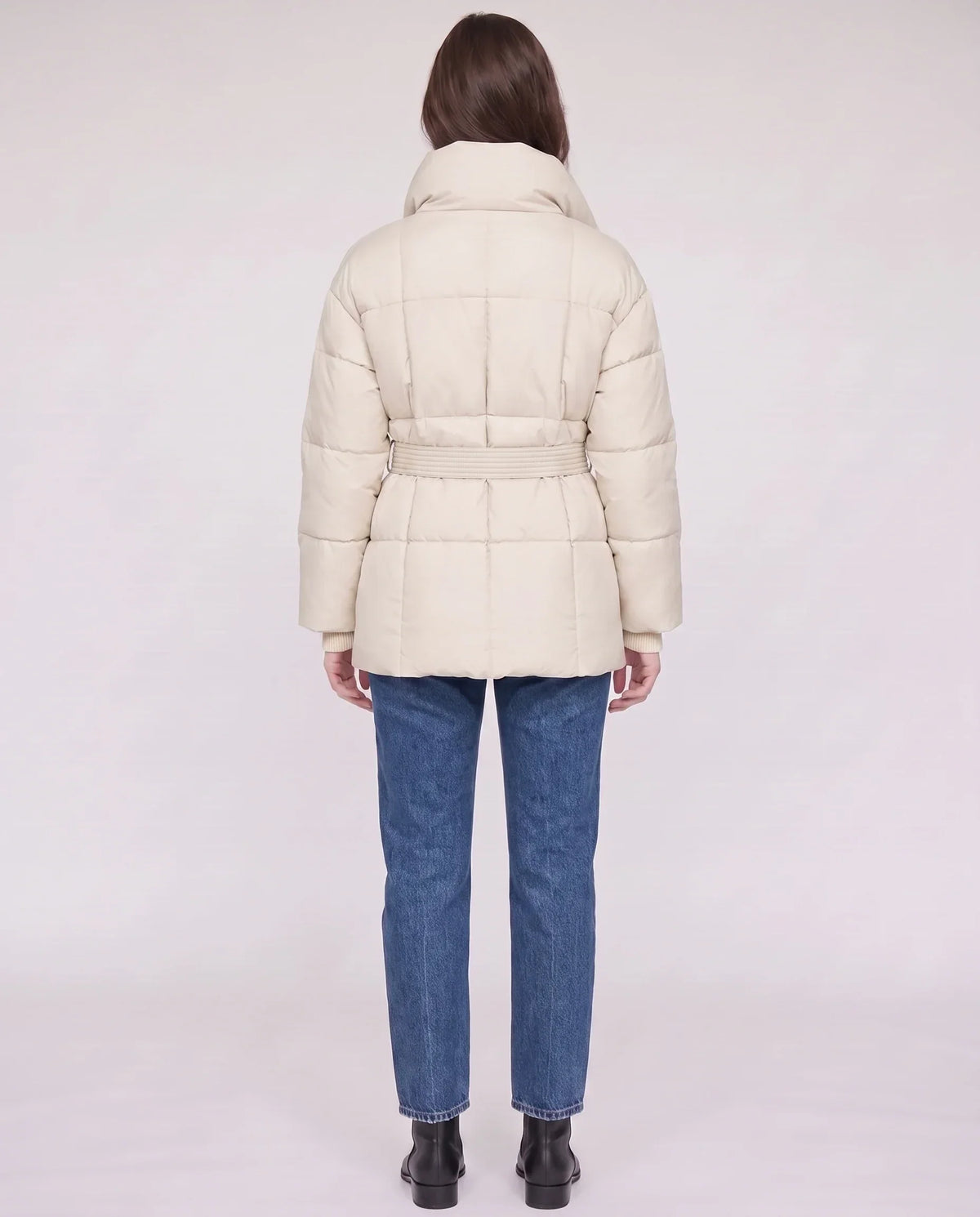 Short Belted Puffer Jacket with Funnel Collar