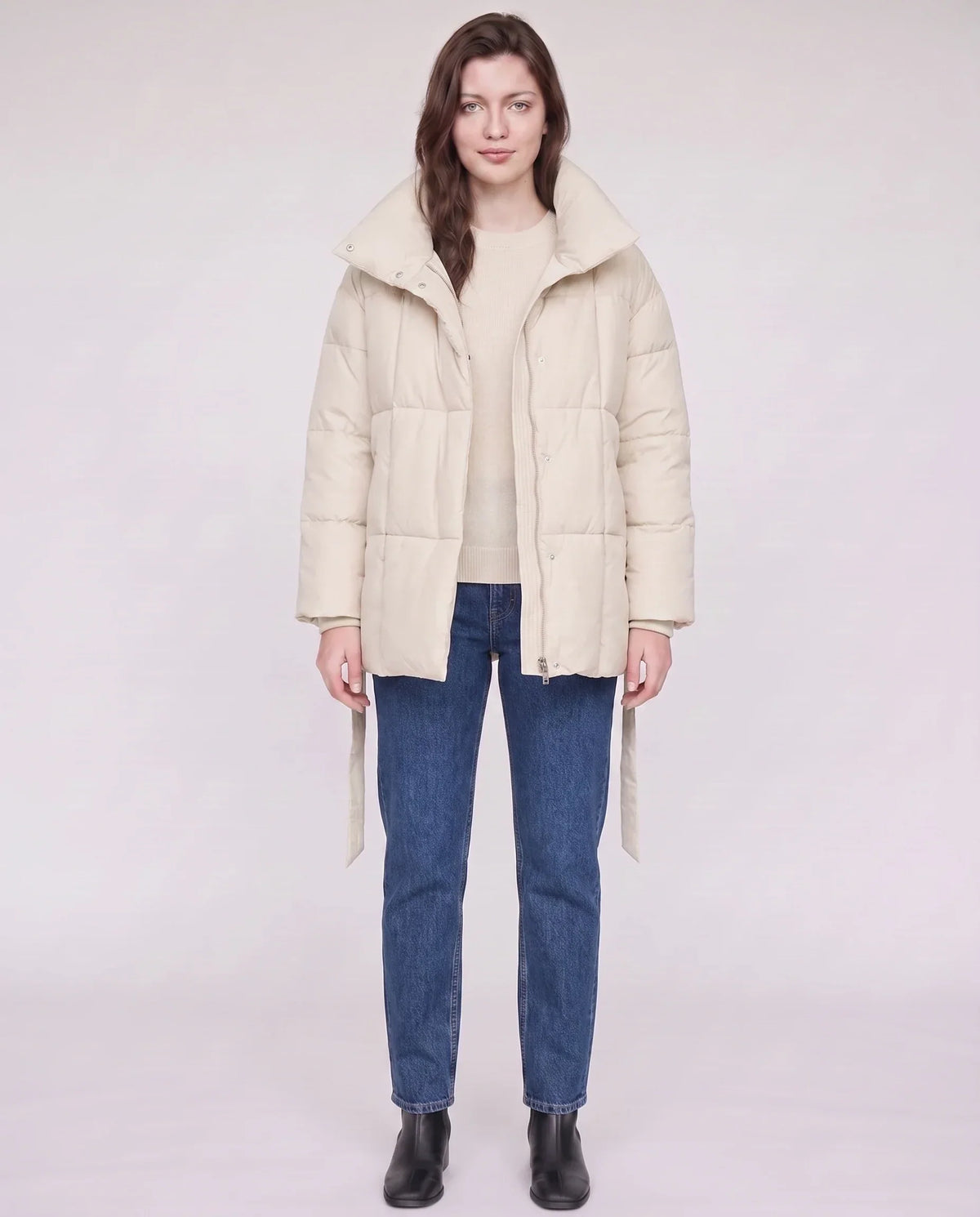 Short Belted Puffer Jacket with Funnel Collar
