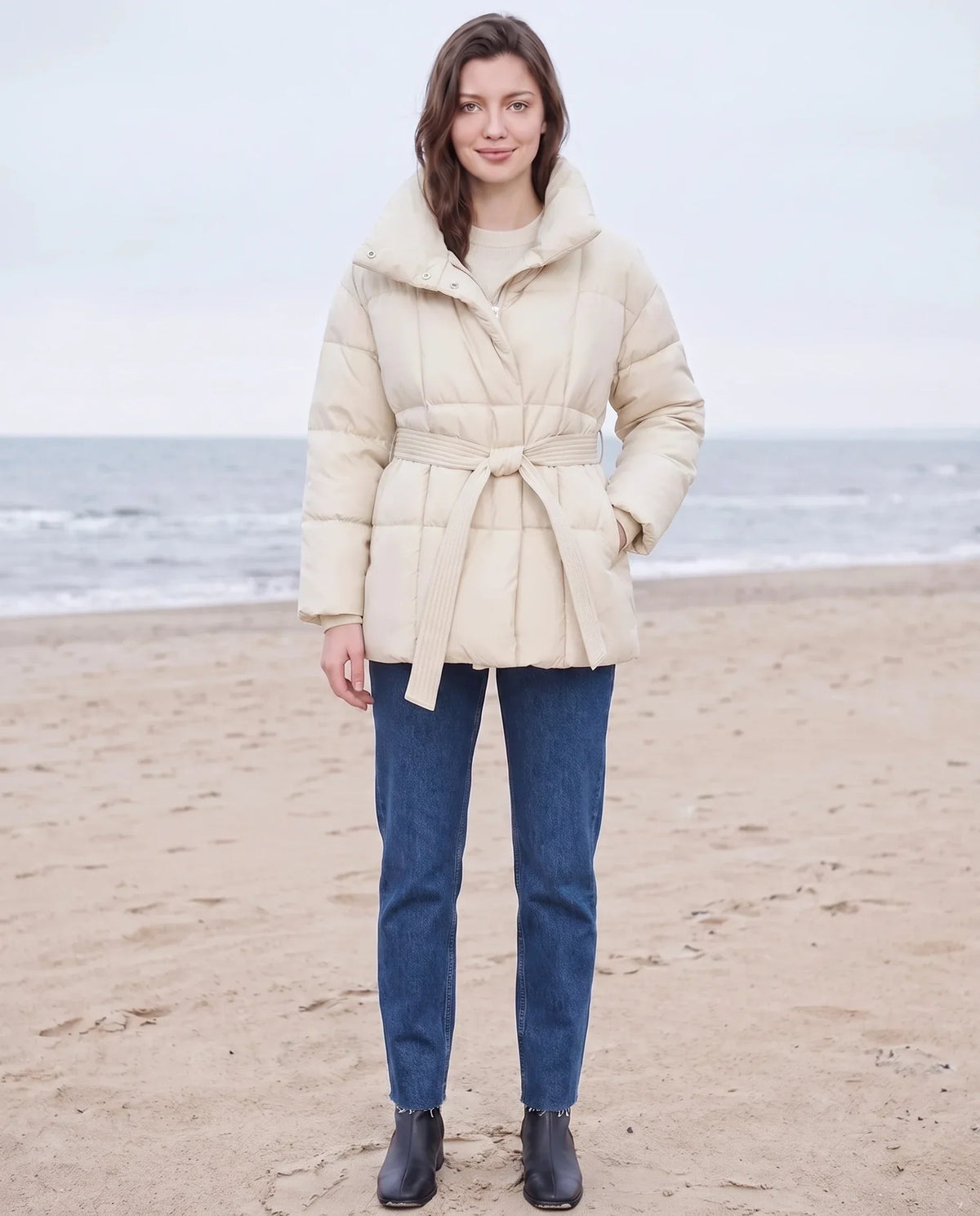 Short Belted Puffer Jacket with Funnel Collar