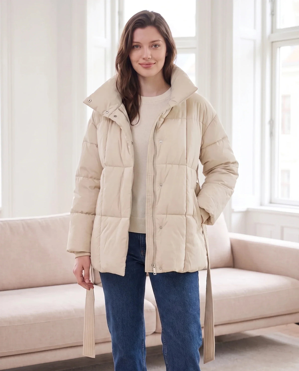 Short Belted Puffer Jacket with Funnel Collar