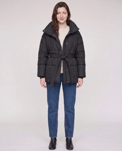 Short Belted Puffer Jacket with Funnel Collar