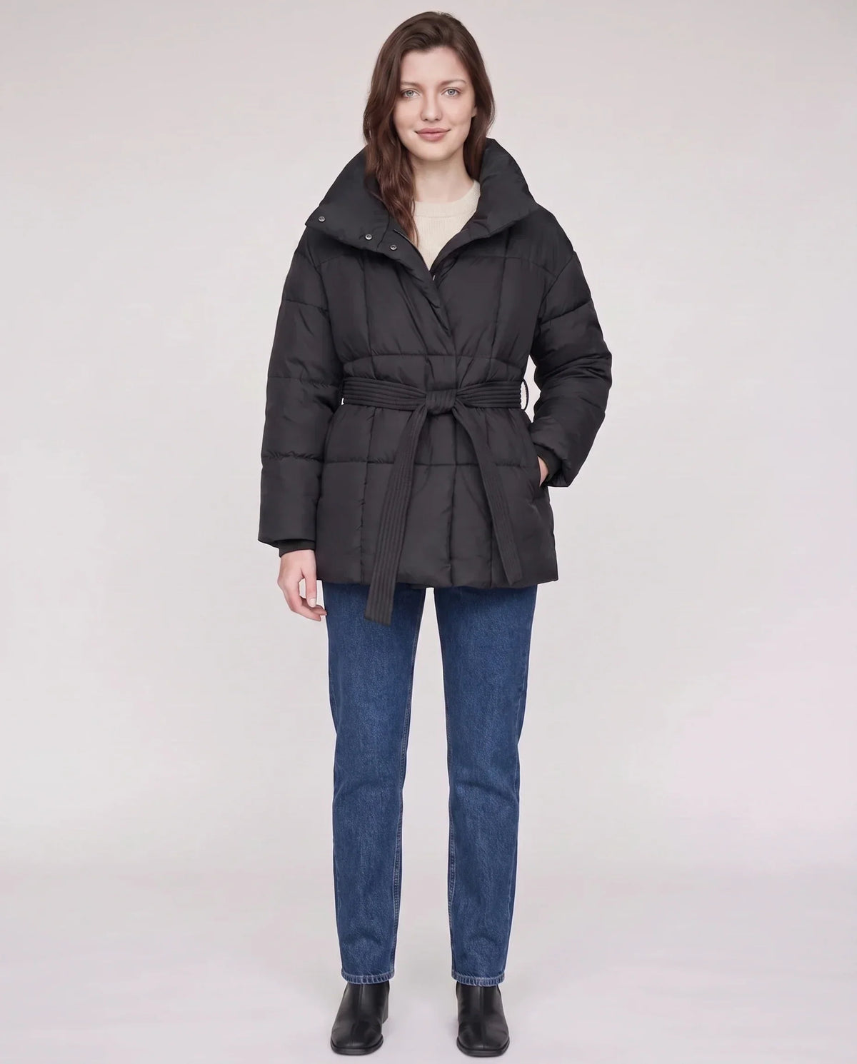 Short Belted Puffer Jacket with Funnel Collar