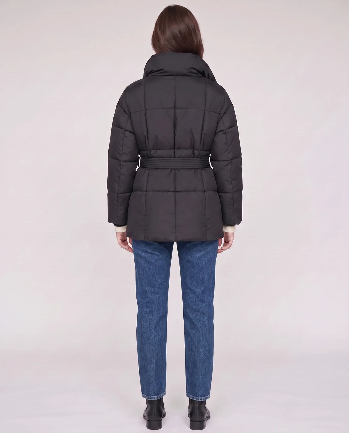 Short Belted Puffer Jacket with Funnel Collar