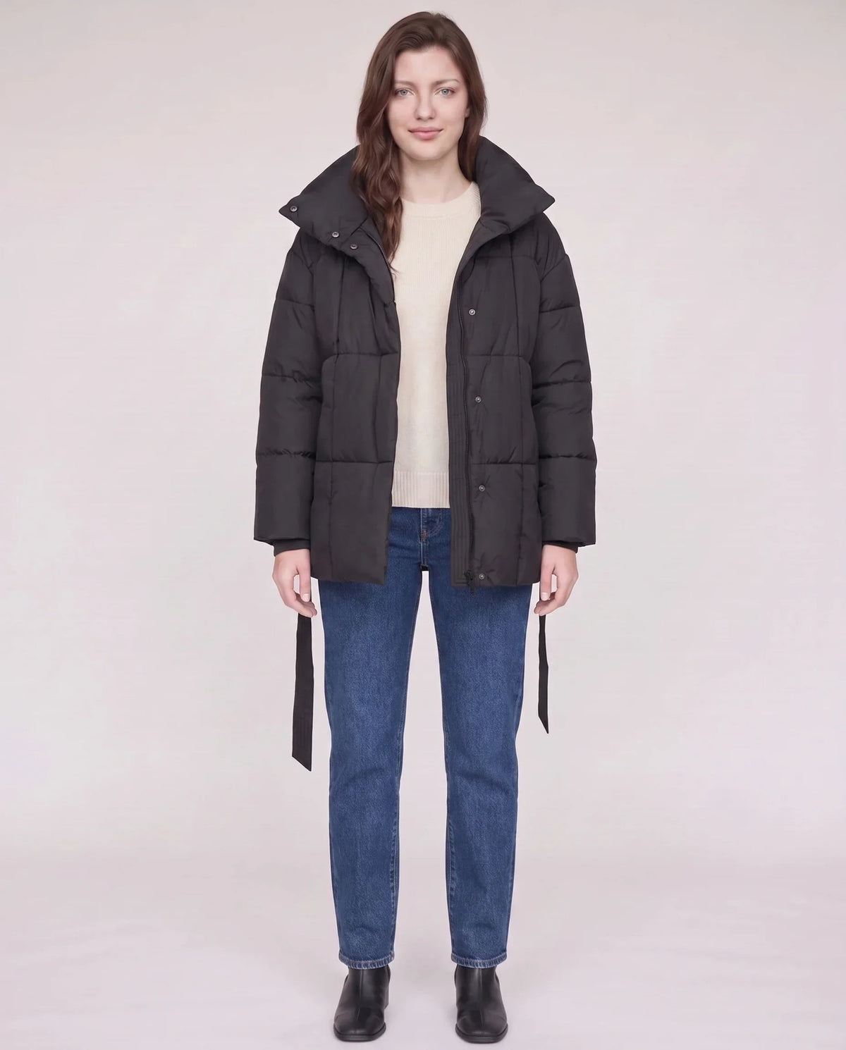 Short Belted Puffer Jacket with Funnel Collar