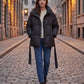 Short Belted Puffer Jacket with Funnel Collar