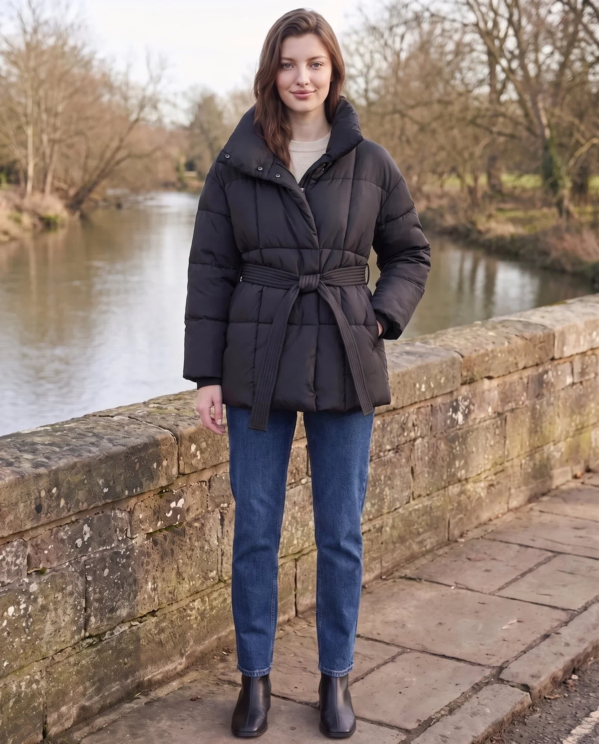 Short Belted Puffer Jacket with Funnel Collar