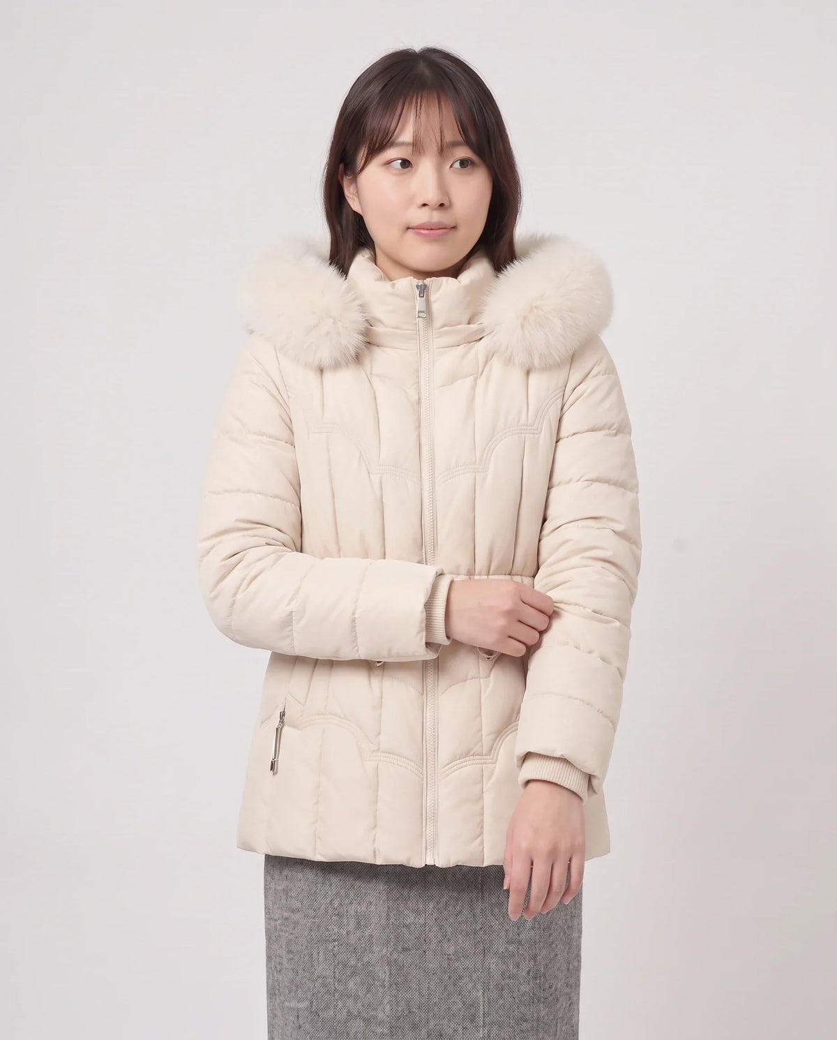 Short Fitted Puffer Jacket with Faux Fur Hood