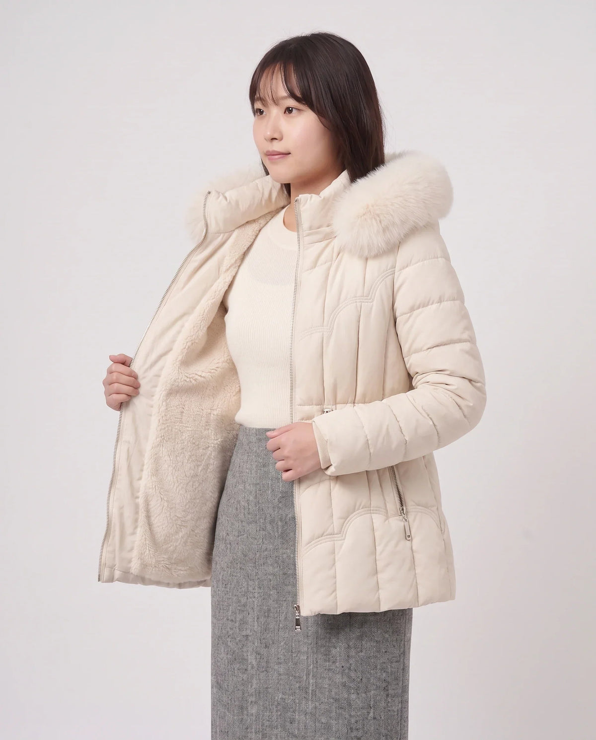 Short Fitted Puffer Jacket with Faux Fur Hood