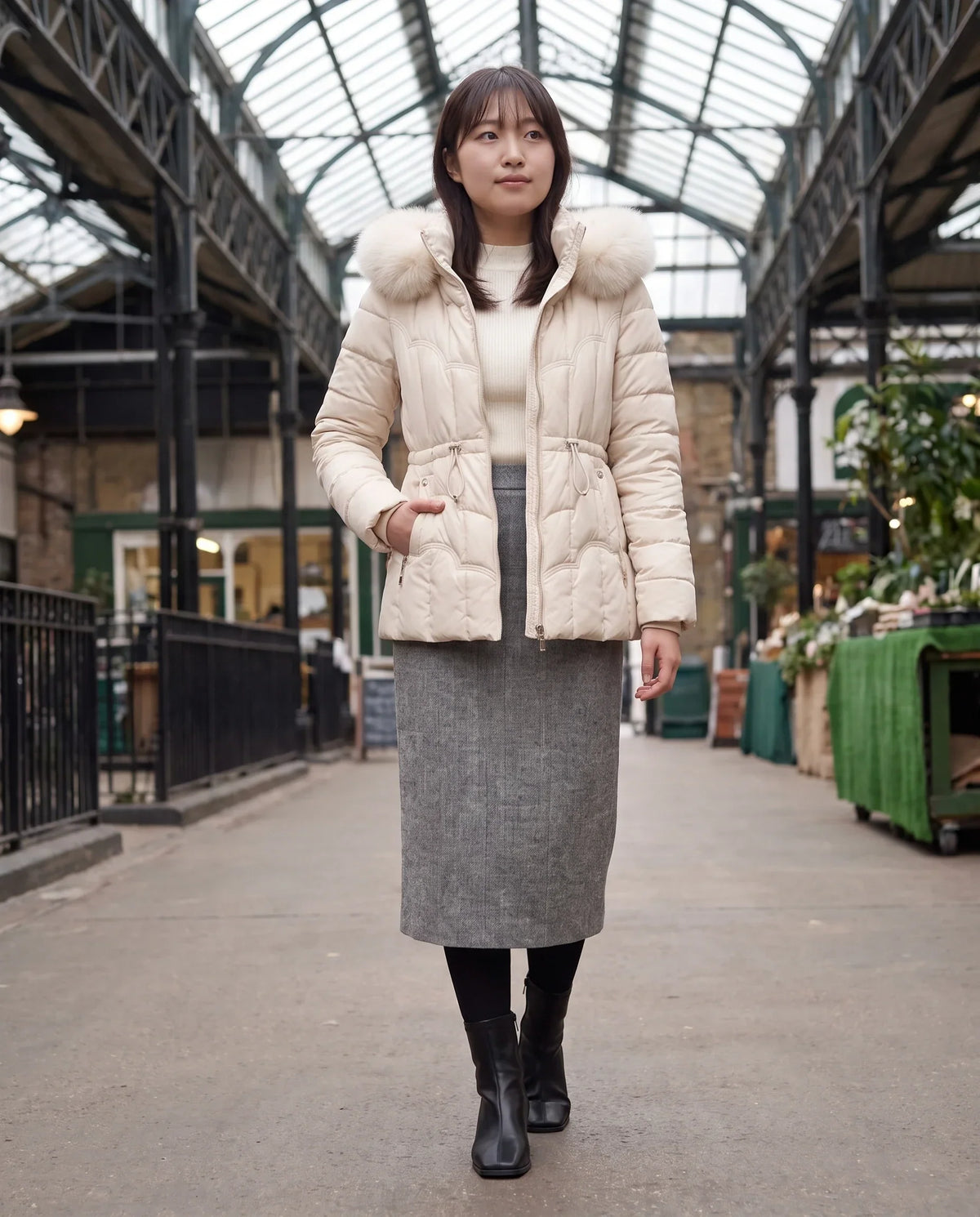Short Fitted Puffer Jacket with Faux Fur Hood