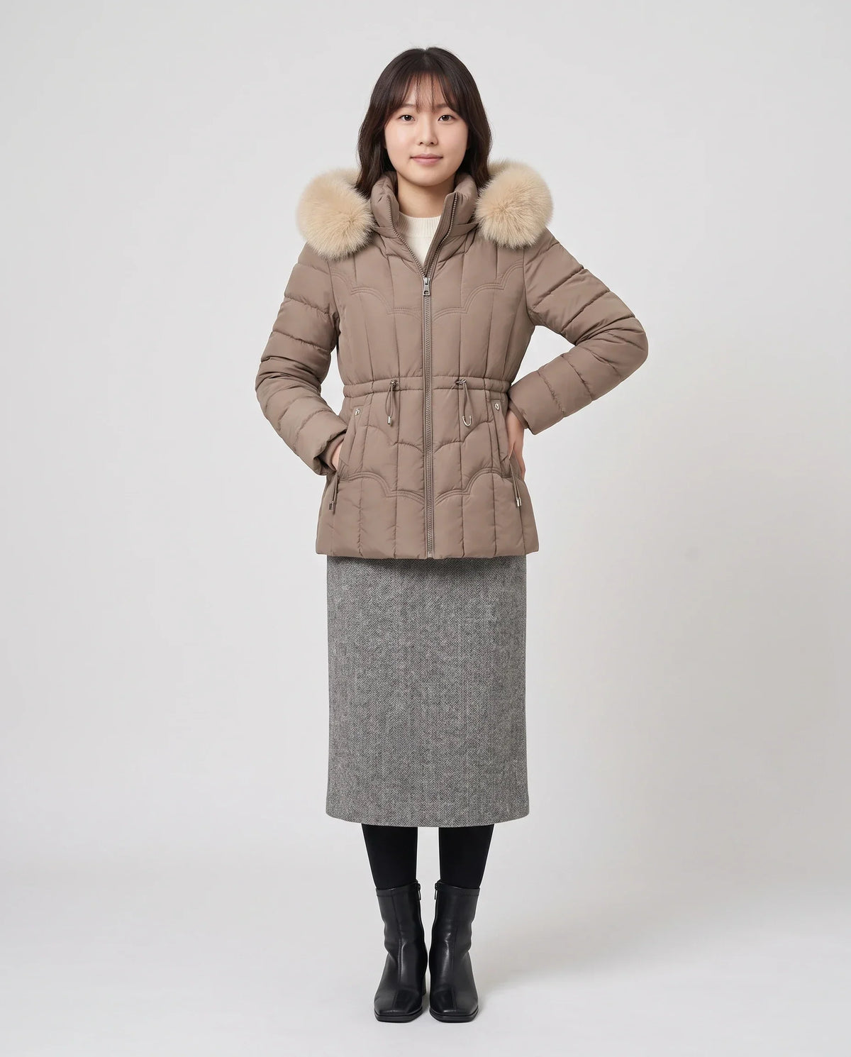 Short Fitted Puffer Jacket with Faux Fur Hood