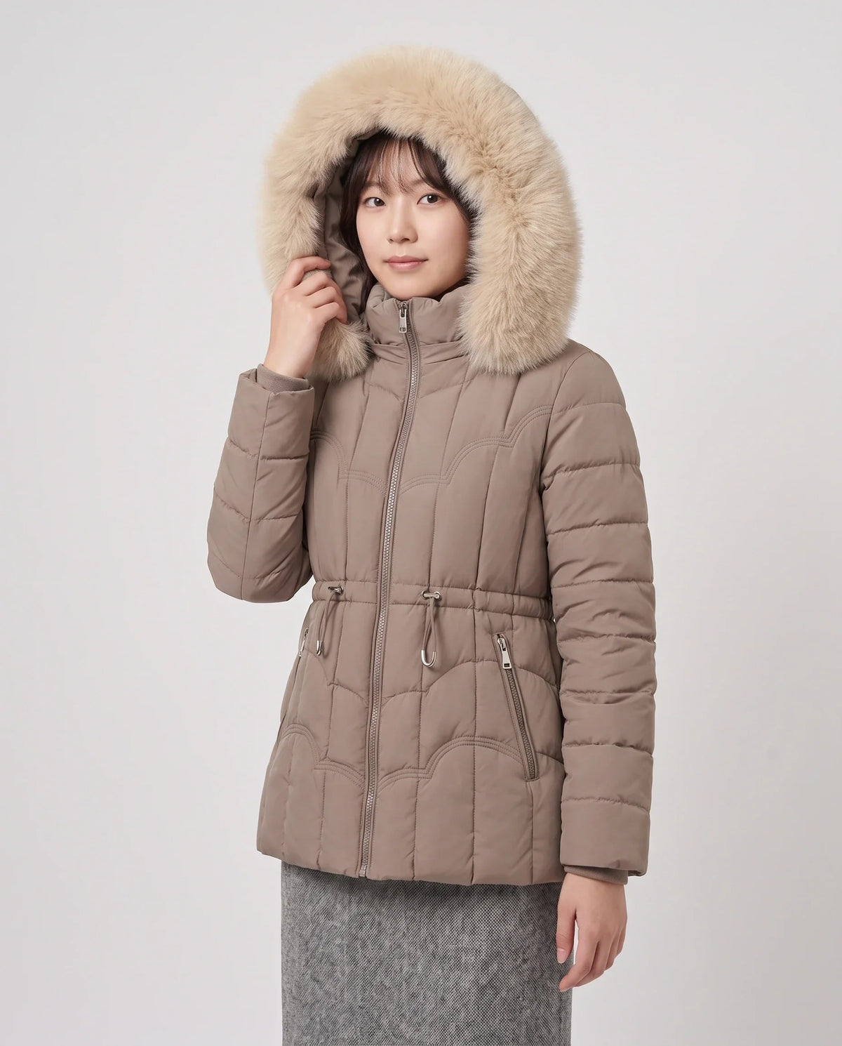 Short Fitted Puffer Jacket with Faux Fur Hood