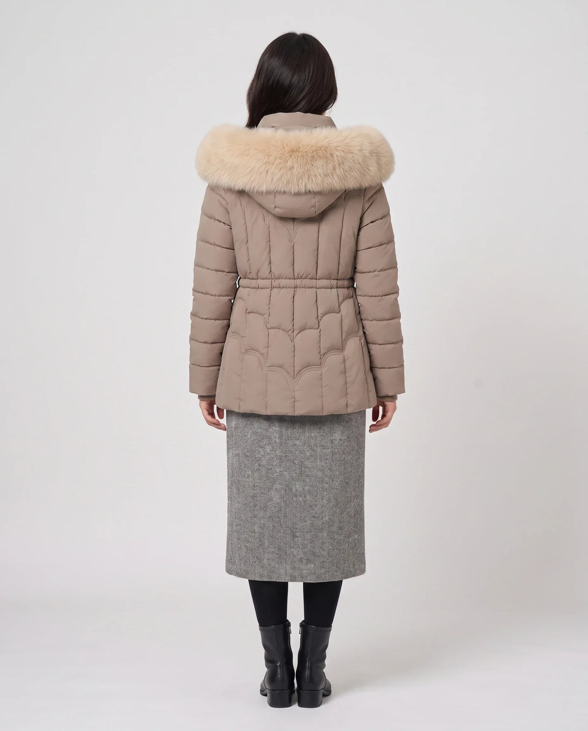 Short Fitted Puffer Jacket with Faux Fur Hood