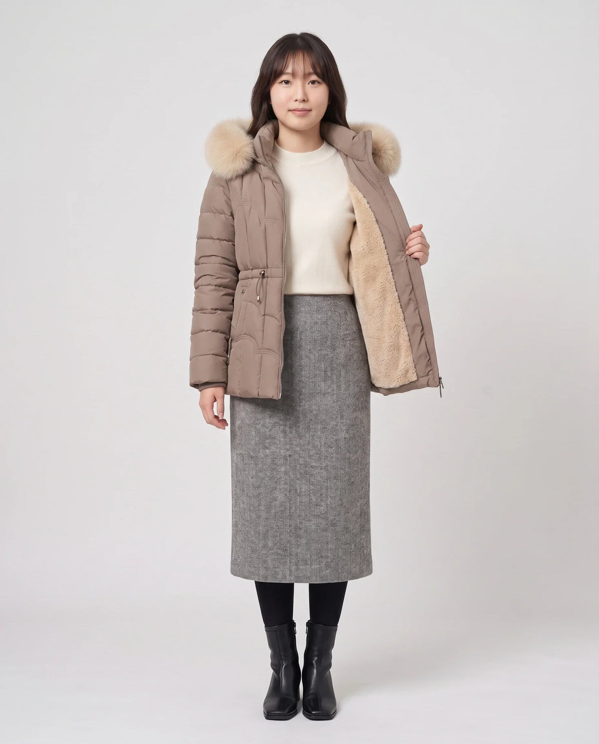 Short Fitted Puffer Jacket with Faux Fur Hood