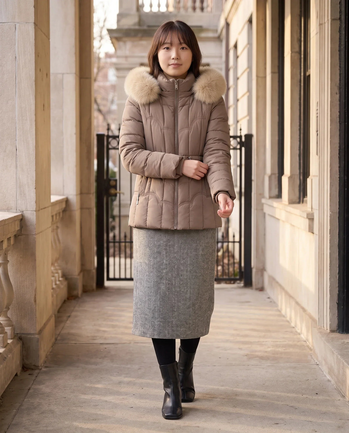 Short Fitted Puffer Jacket with Faux Fur Hood