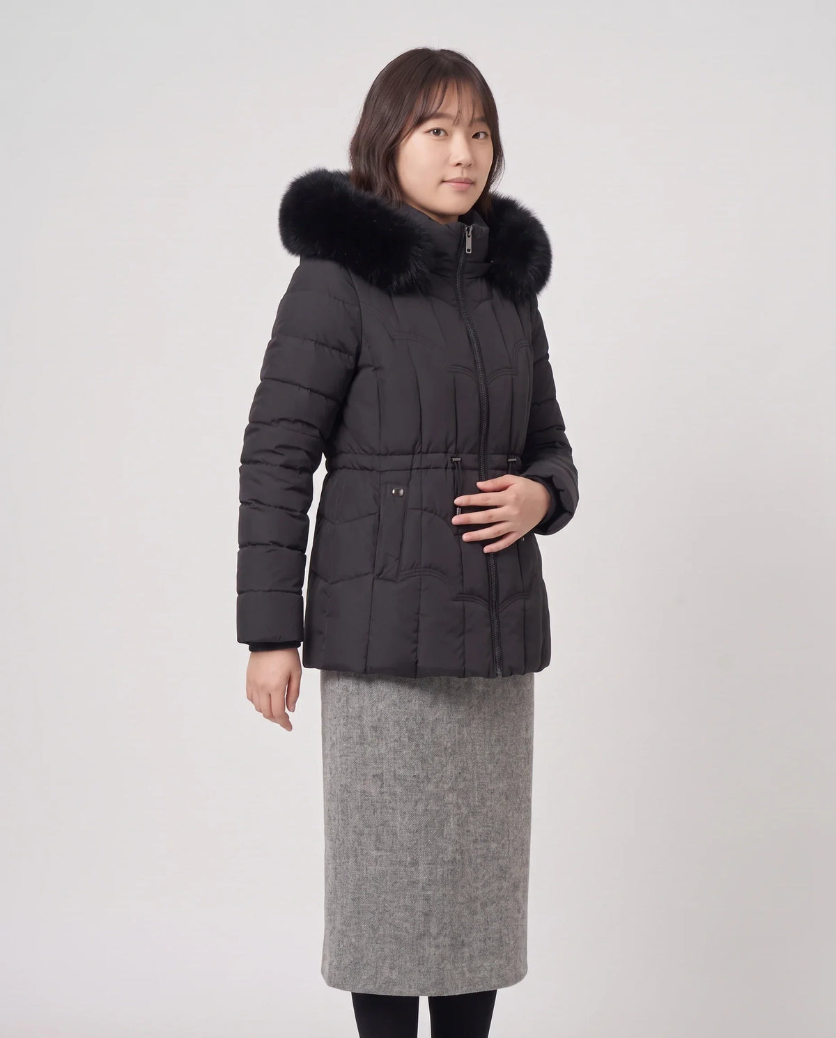 Short Fitted Puffer Jacket with Faux Fur Hood