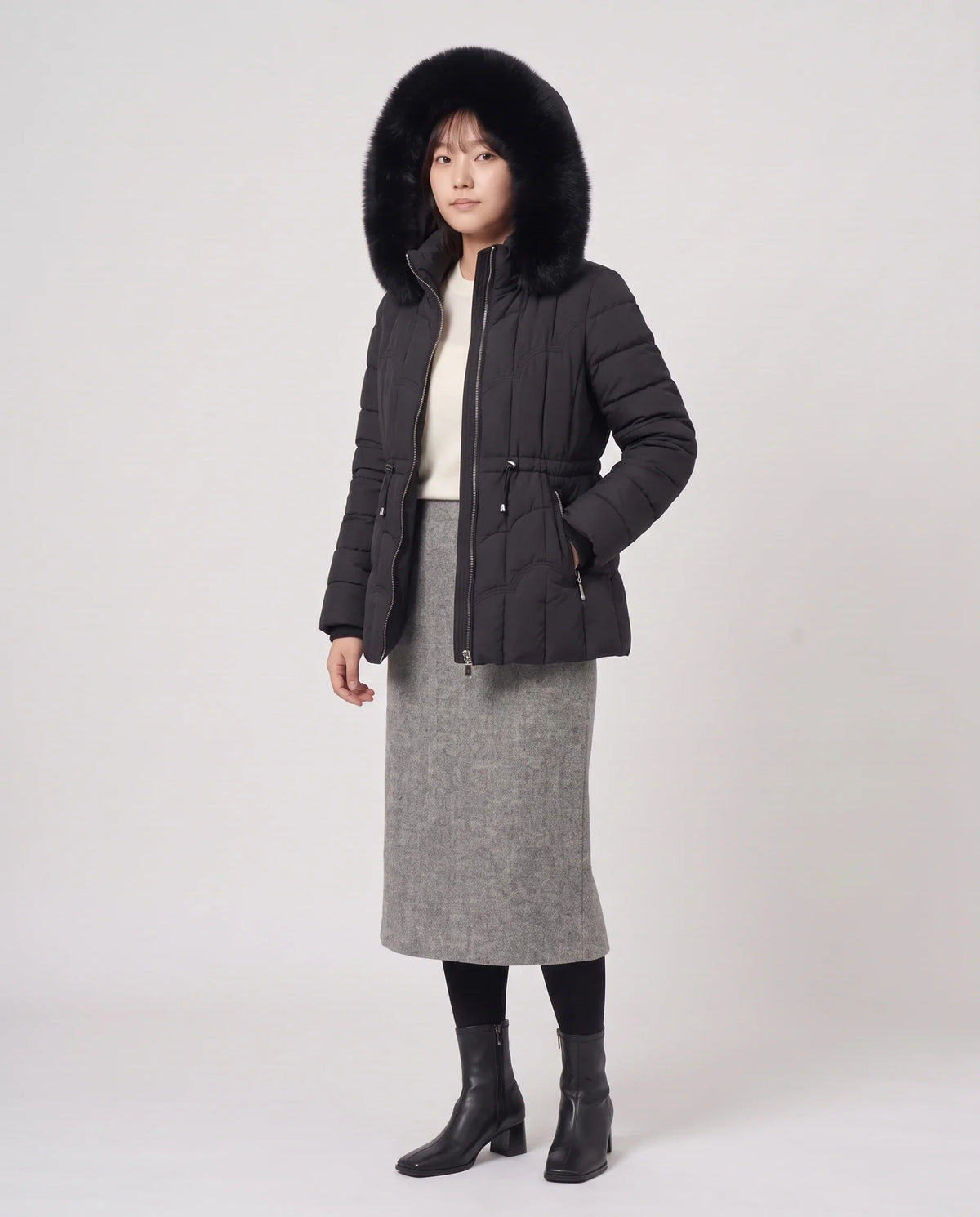 Short Fitted Puffer Jacket with Faux Fur Hood