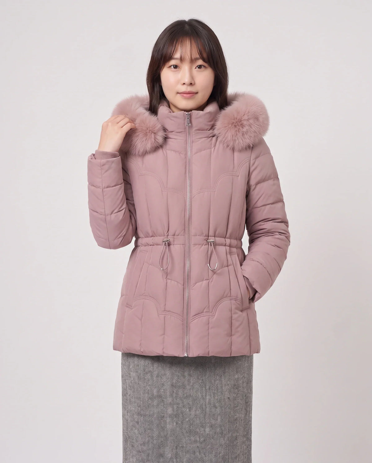 Short Fitted Puffer Jacket with Faux Fur Hood