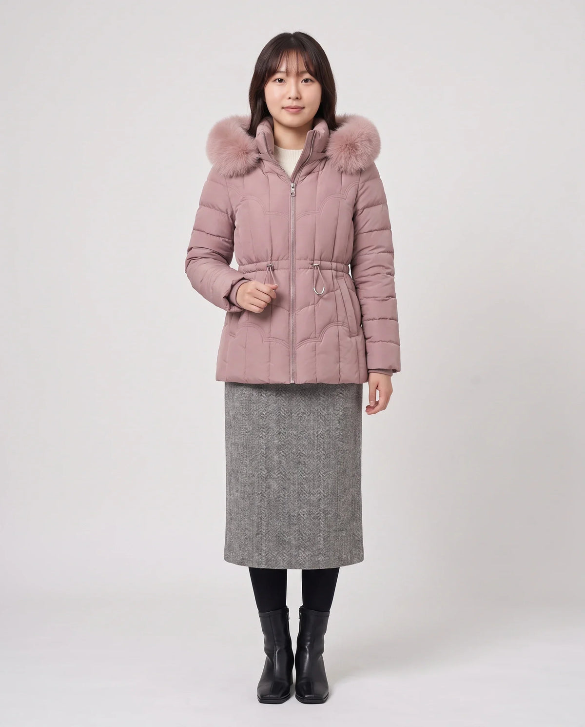 Short Fitted Puffer Jacket with Faux Fur Hood