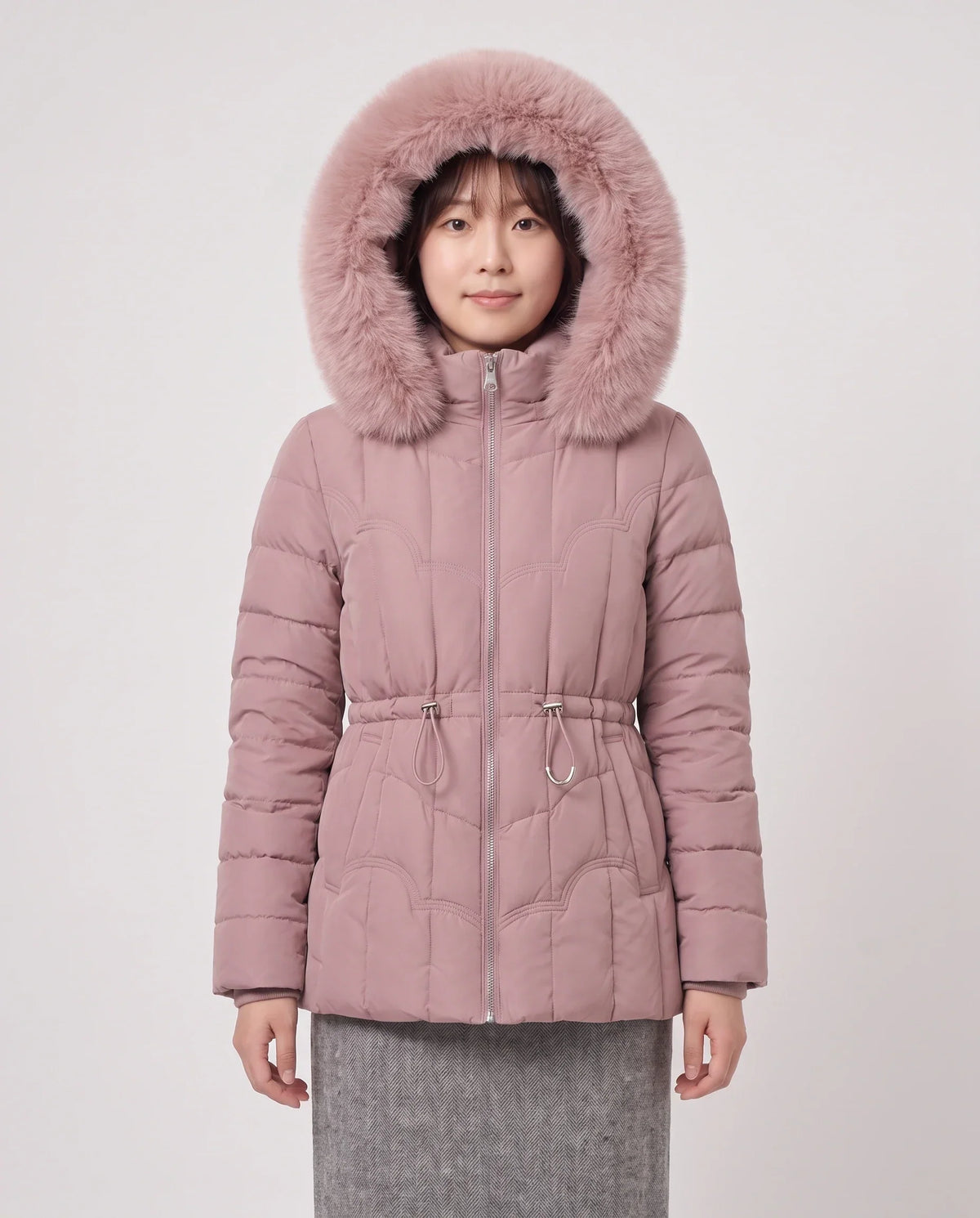 Short Fitted Puffer Jacket with Faux Fur Hood