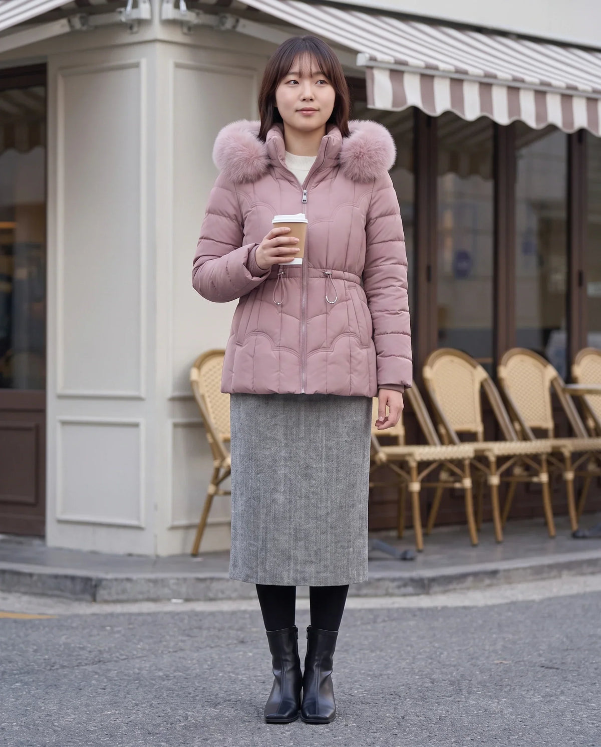 Short Fitted Puffer Jacket with Faux Fur Hood