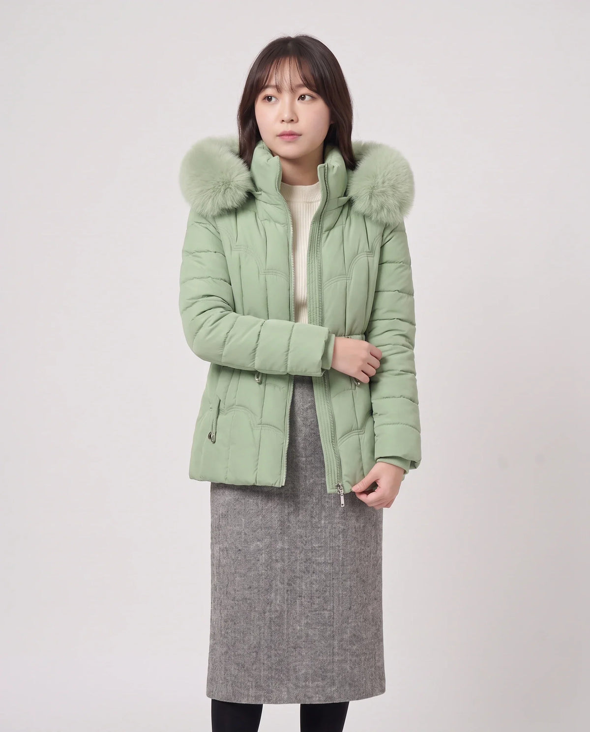 Short Fitted Puffer Jacket with Faux Fur Hood
