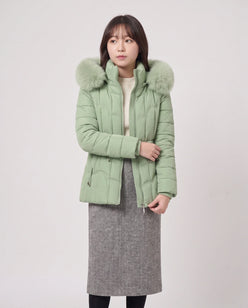 Short Fitted Puffer Jacket with Faux Fur Hood
