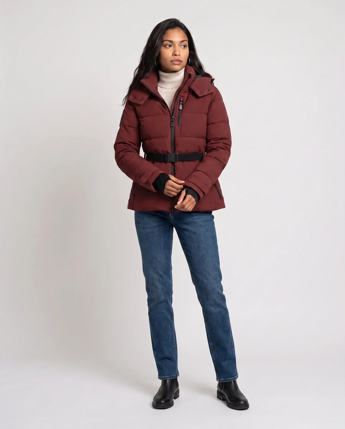 Fitted Hooded Puffer Jacket with Belt