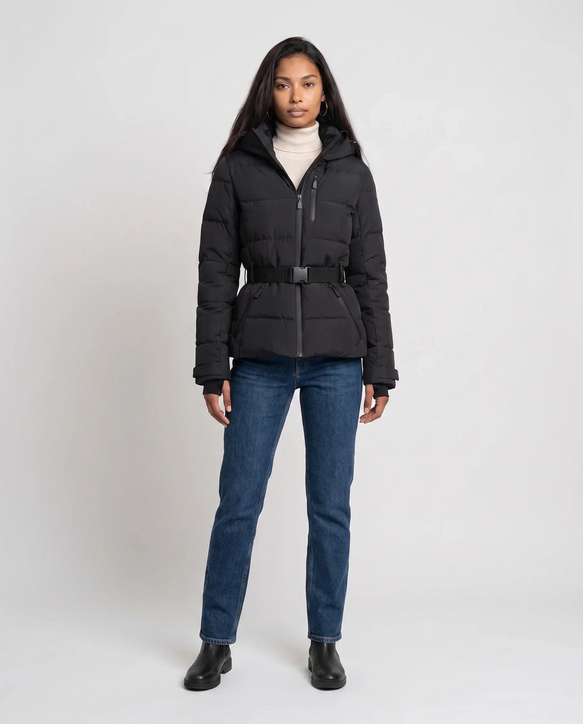 Fitted Hooded Puffer Jacket with Belt