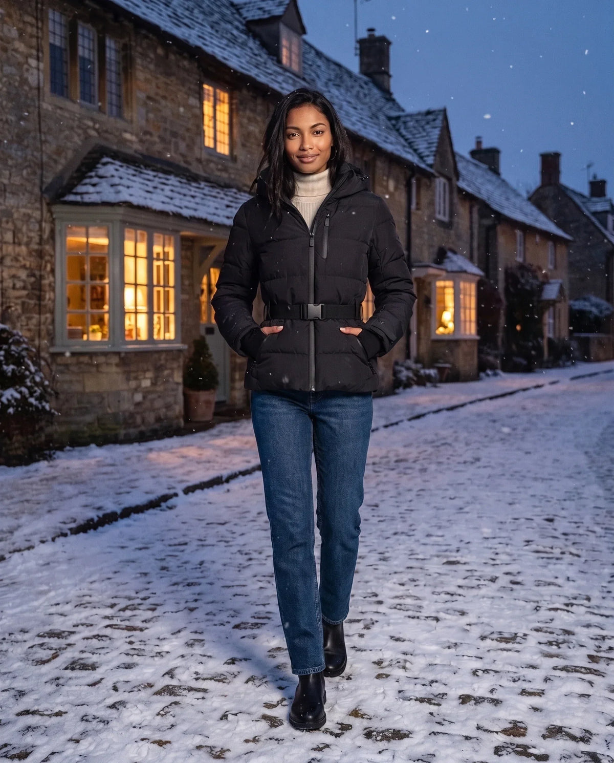Fitted Hooded Puffer Jacket with Belt