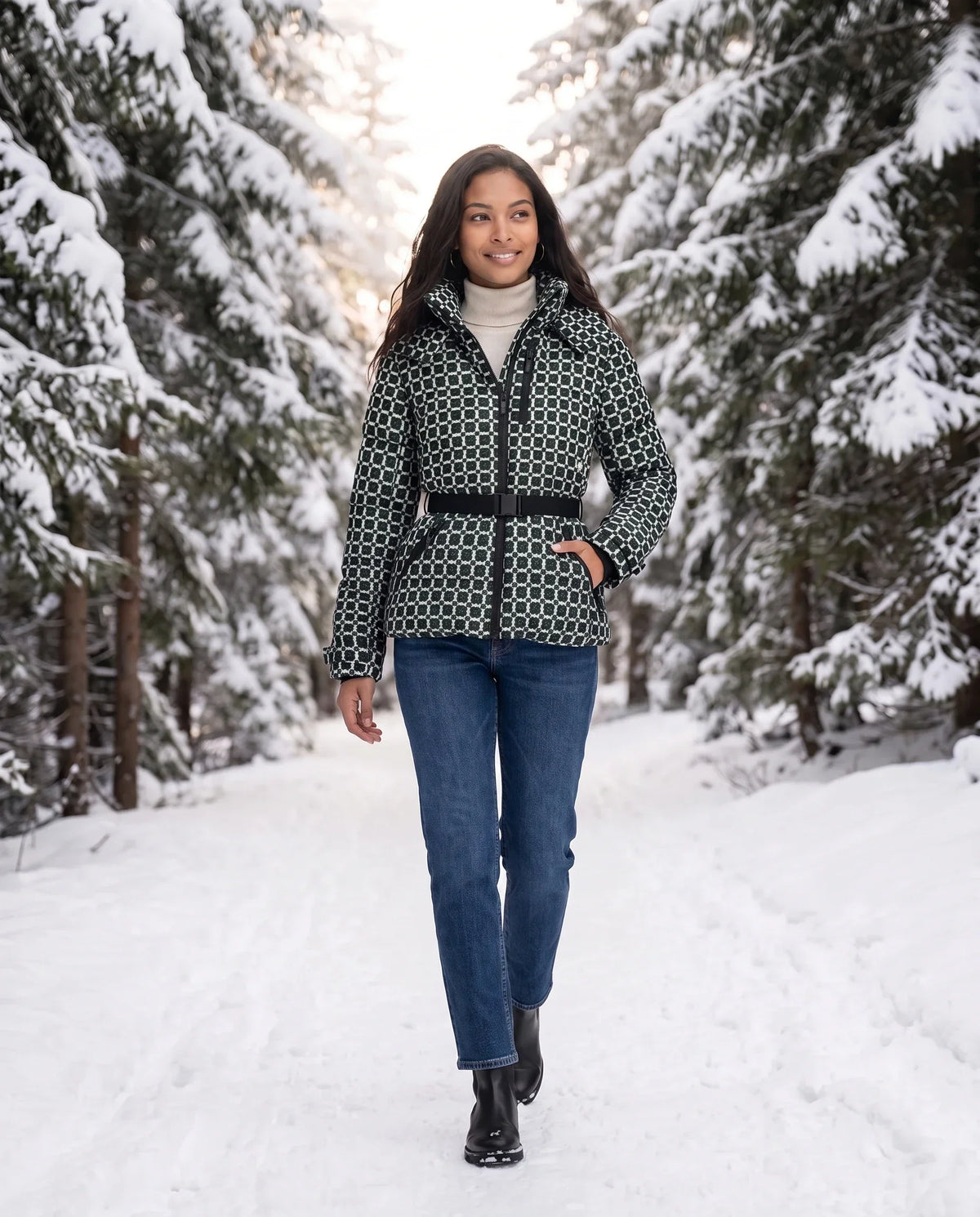 Fitted Hooded Puffer Jacket with Belt