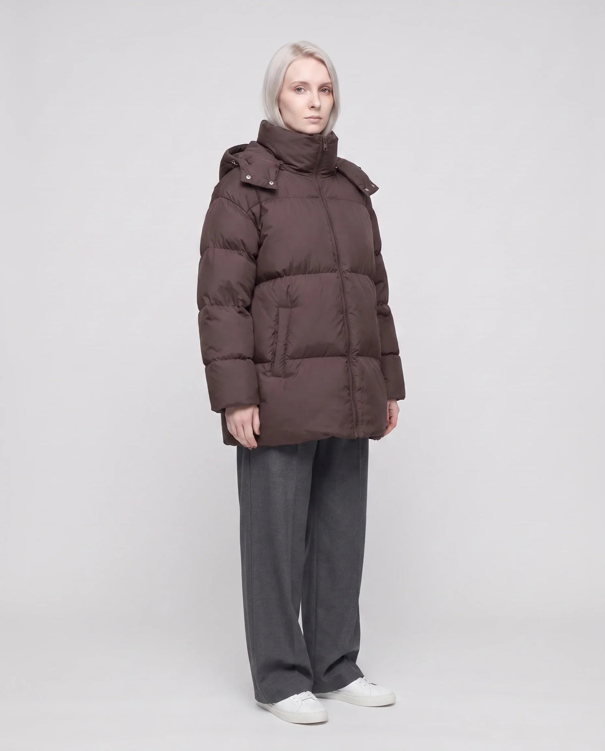Oversized Puffer Jacket with High Collar and Detachable Hood