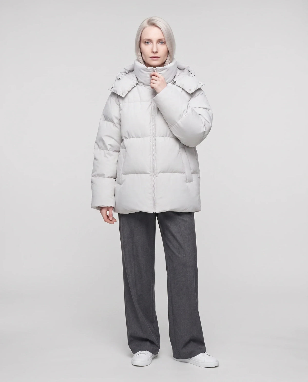 Oversized Puffer Jacket with High Collar and Detachable Hood