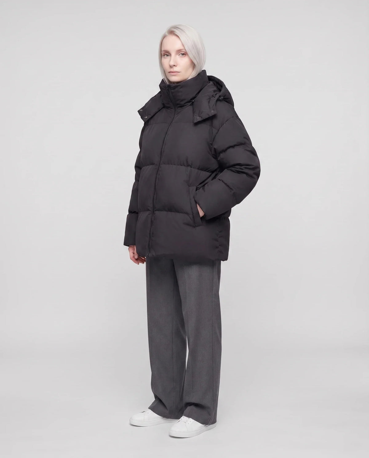 Oversized Puffer Jacket with High Collar and Detachable Hood