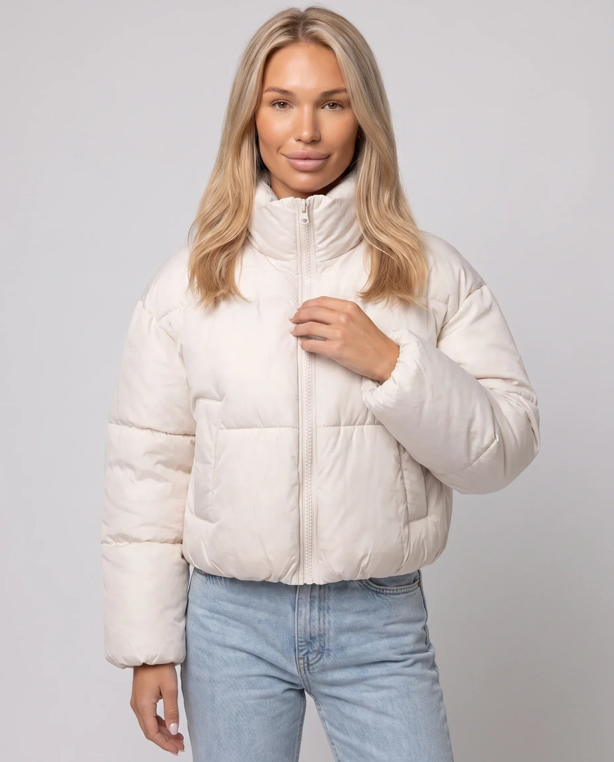 Short Quilted Jacket with Zipped Funnel Collar