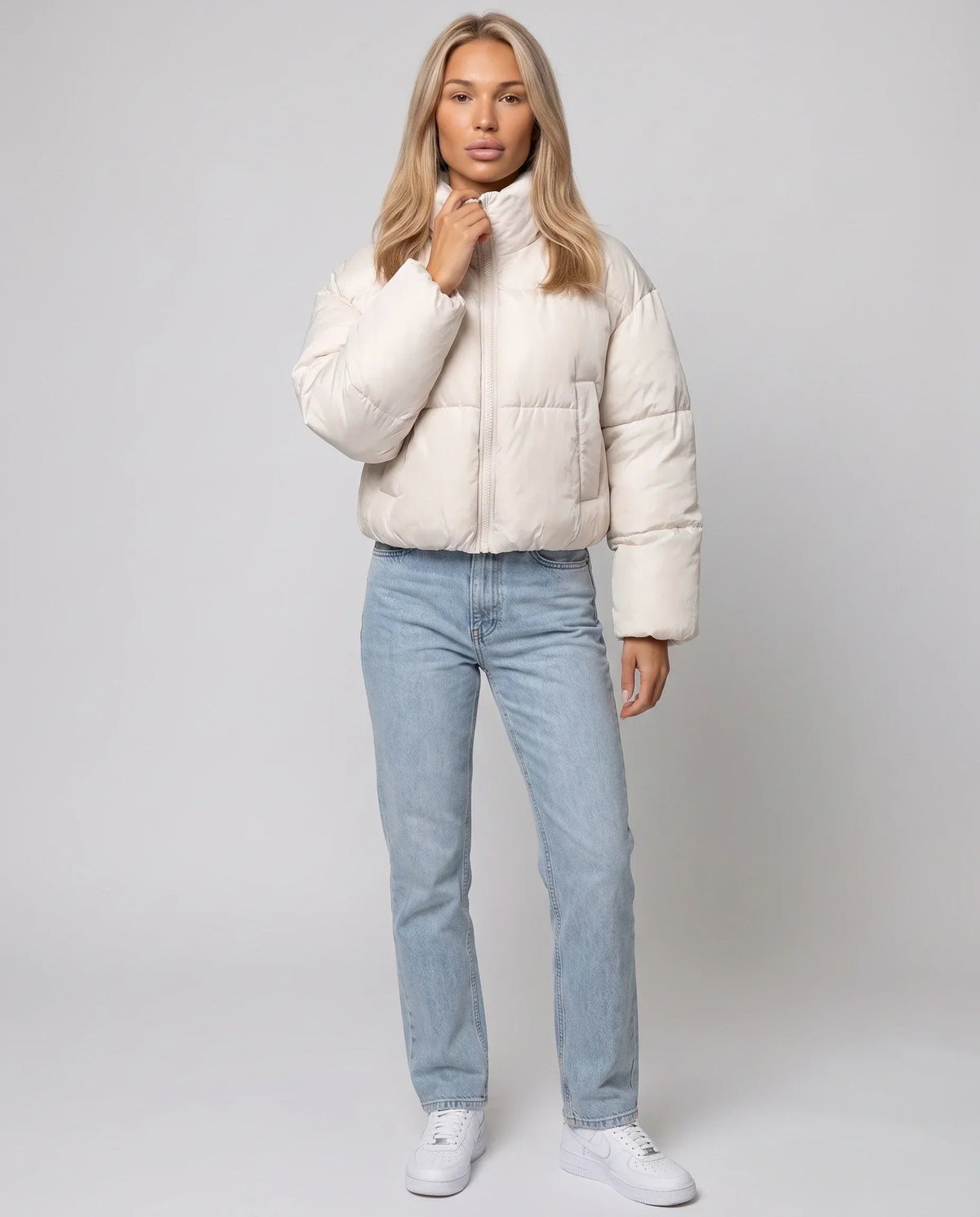 Short Quilted Jacket with Zipped Funnel Collar