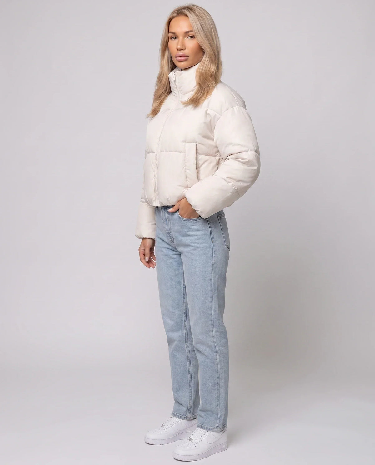 Short Quilted Jacket with Zipped Funnel Collar