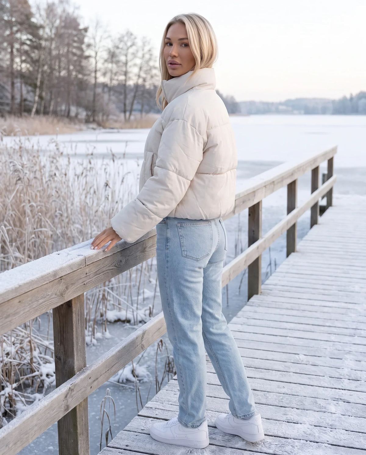 Short Quilted Jacket with Zipped Funnel Collar