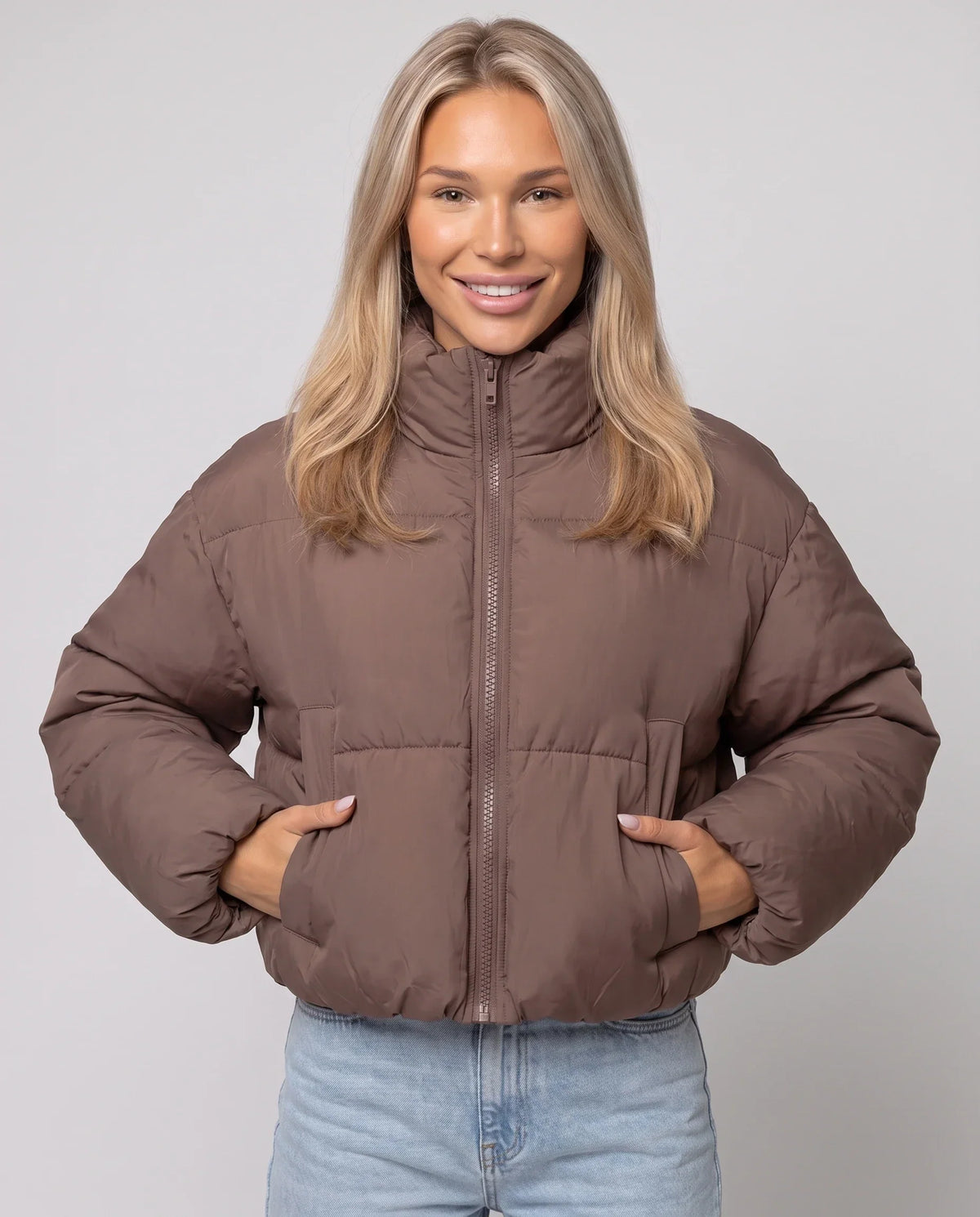 Short Quilted Jacket with Zipped Funnel Collar