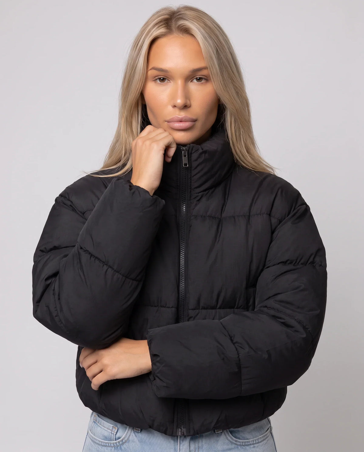 Short Quilted Jacket with Zipped Funnel Collar