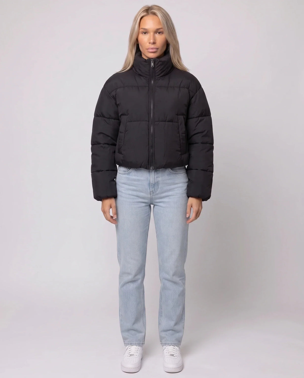 Short Quilted Jacket with Zipped Funnel Collar