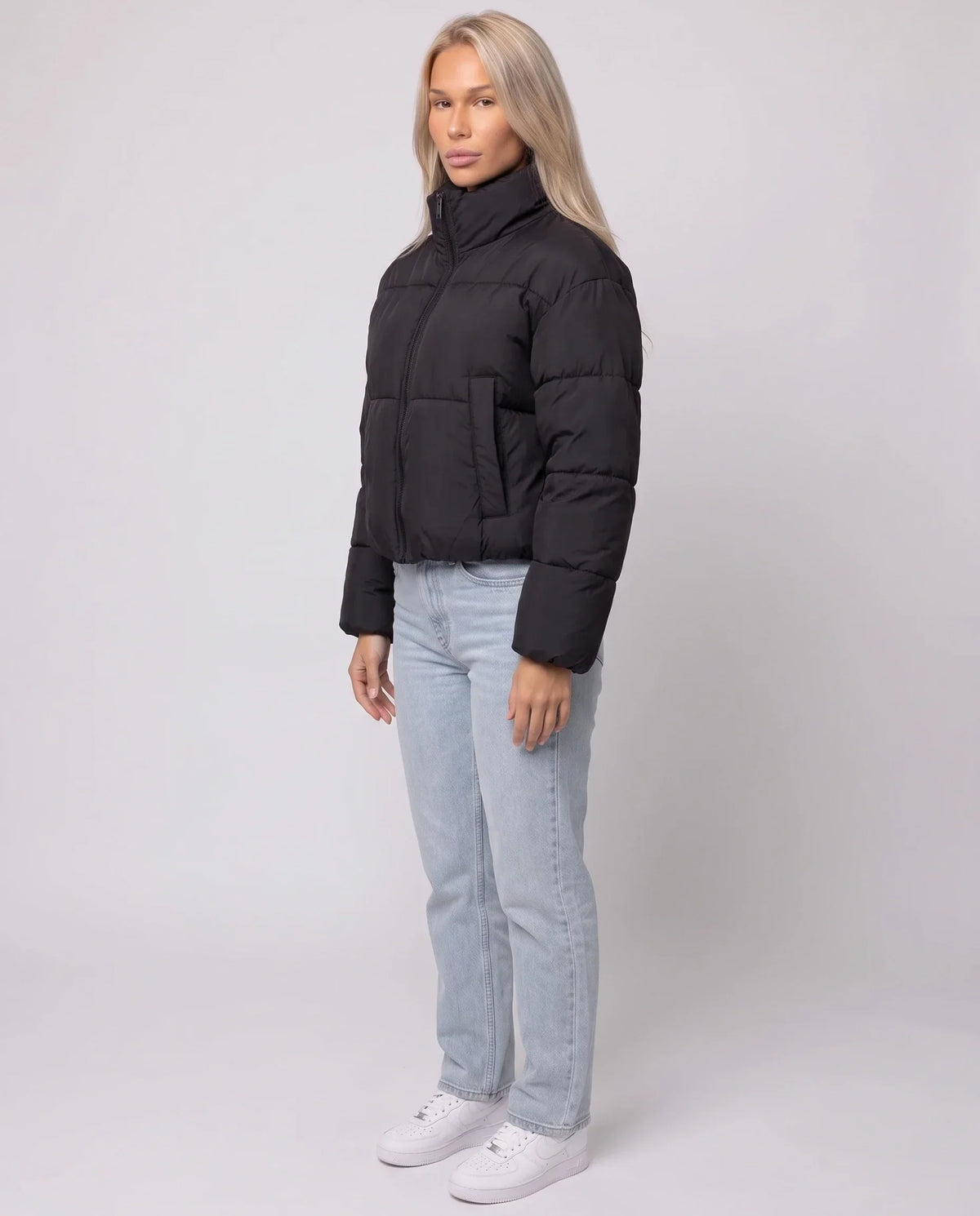 Short Quilted Jacket with Zipped Funnel Collar