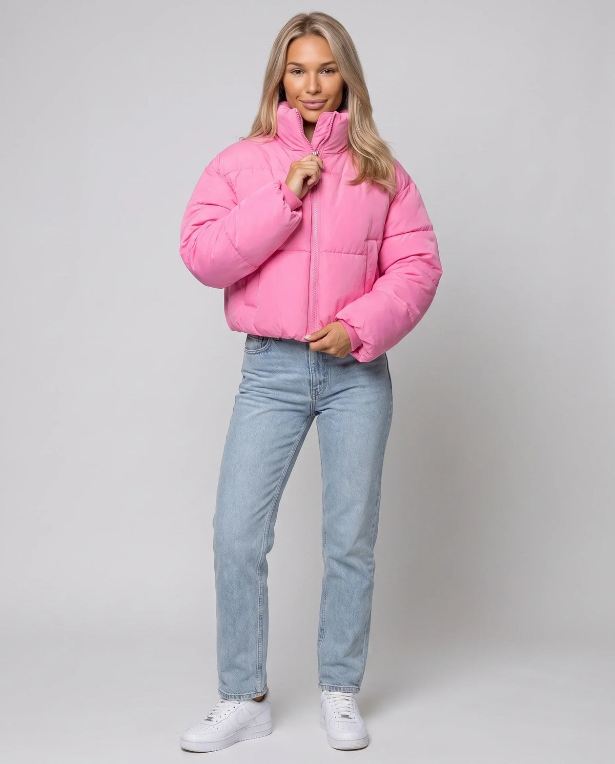 Short Quilted Jacket with Zipped Funnel Collar