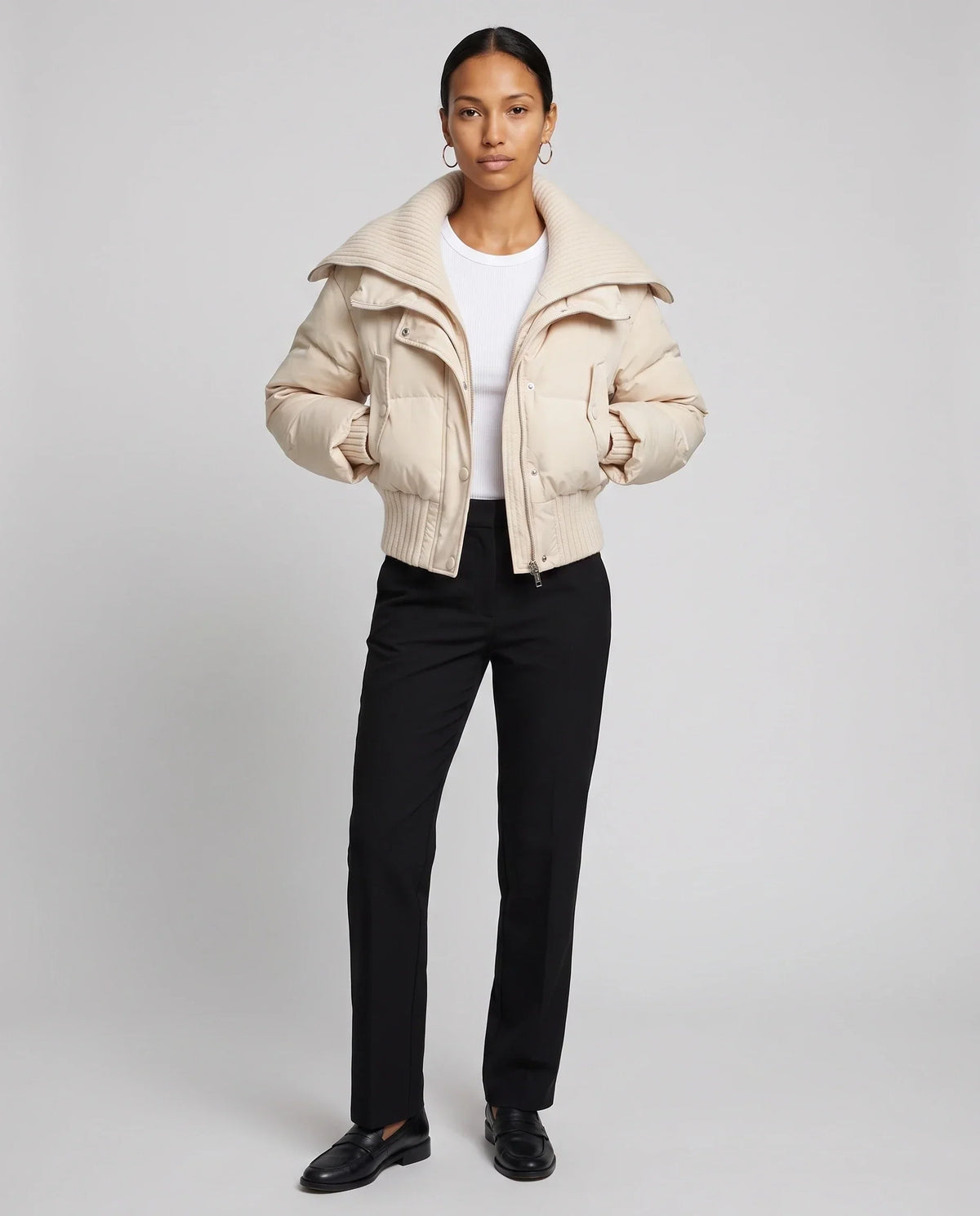 Short Puffer Jacket with Knitted Collar