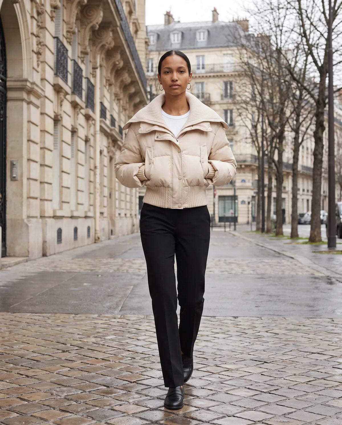 Short Puffer Jacket with Knitted Collar