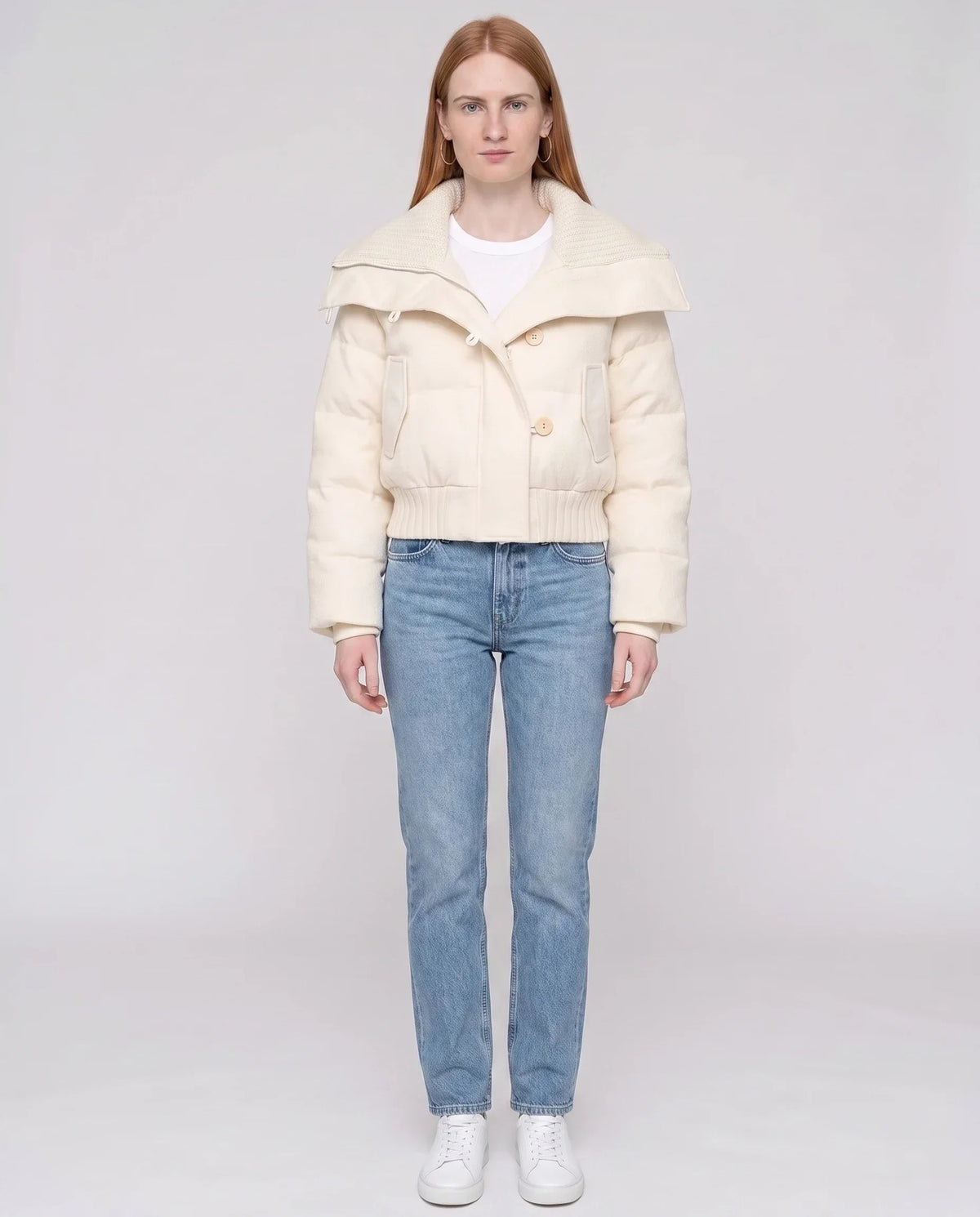 Short Puffer Jacket with Knit Collar and Buttons