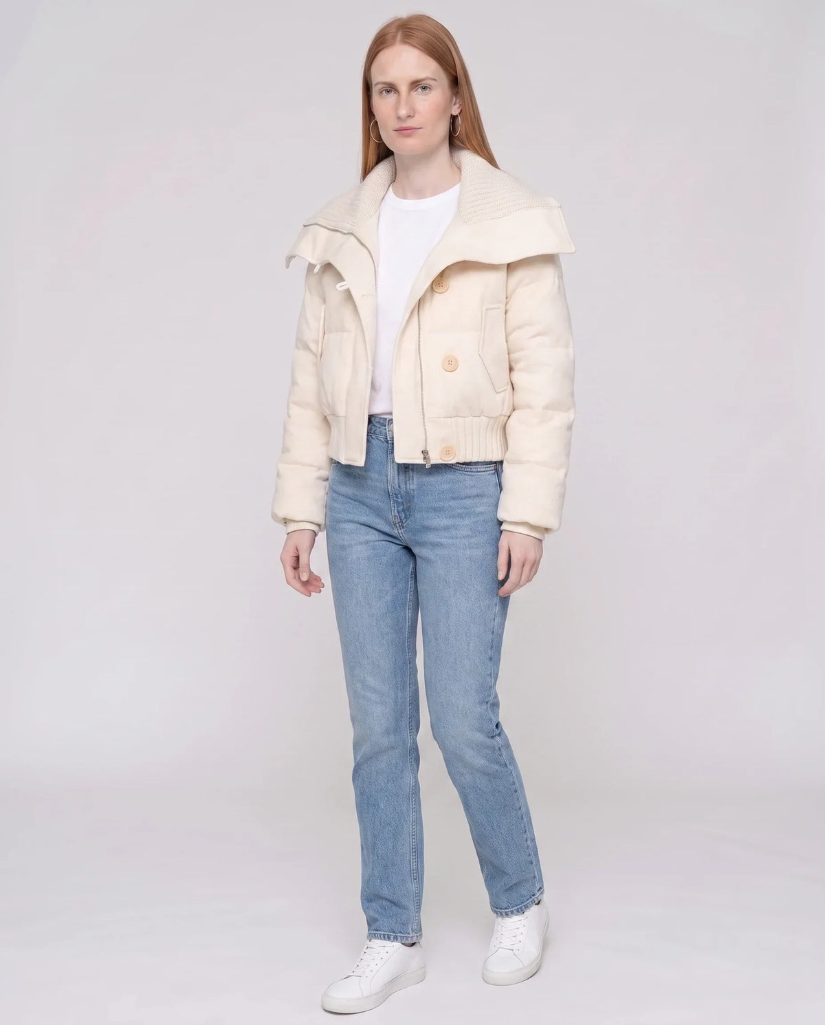 Short Puffer Jacket with Knit Collar and Buttons