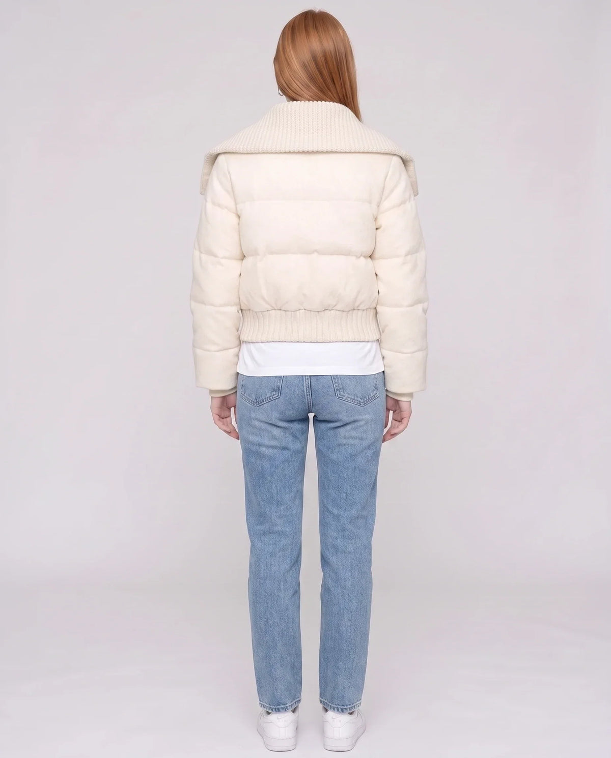 Short Puffer Jacket with Knit Collar and Buttons