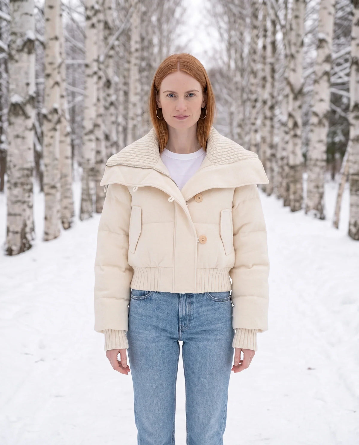 Short Puffer Jacket with Knit Collar and Buttons