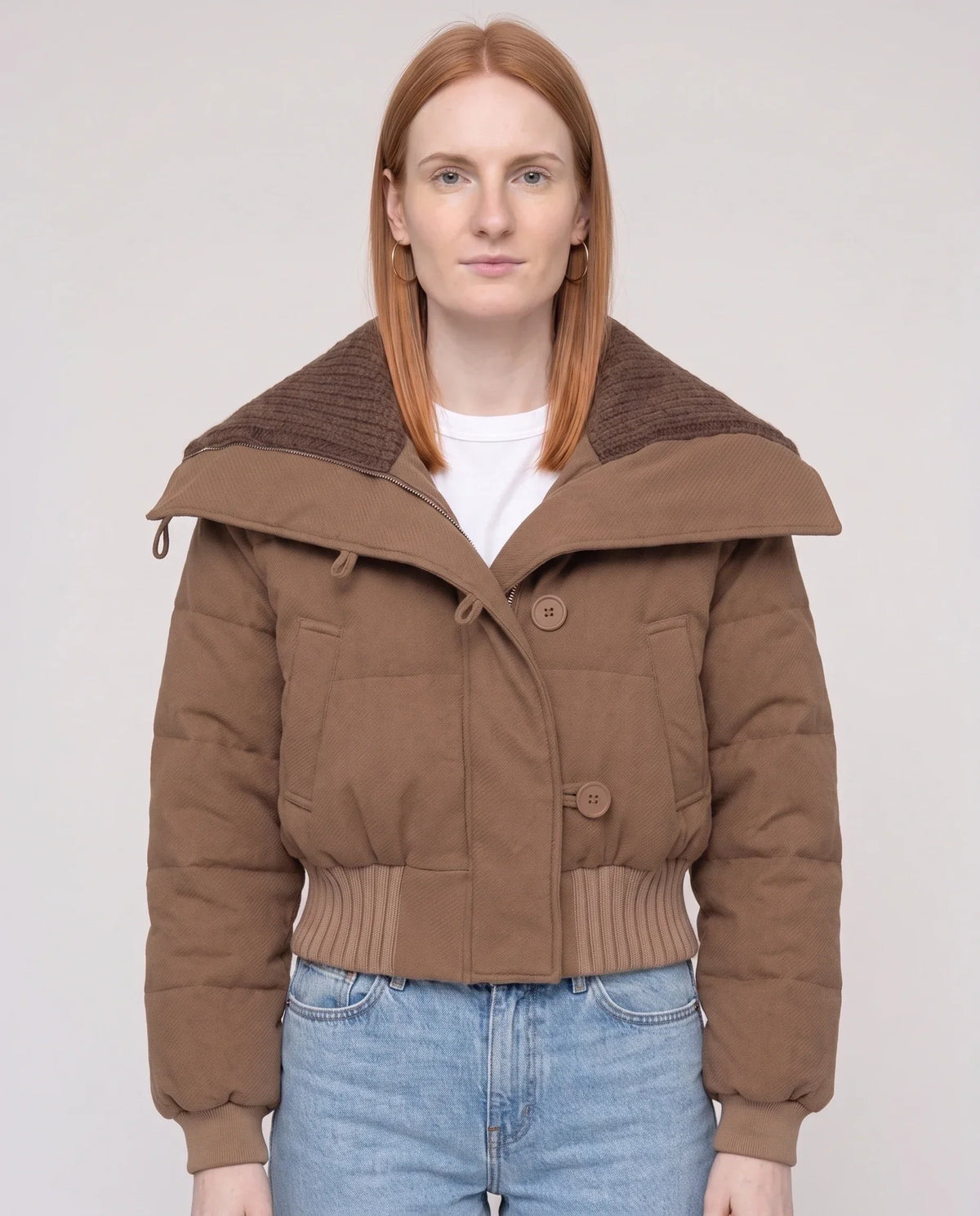 Short Puffer Jacket with Knit Collar and Buttons